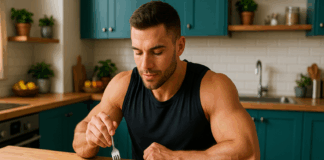 Muscular man enjoying a balanced meal of grilled chicken, eggs, spinach, quinoa, and yogurt as part of a 2000 calorie meal plan high protein.