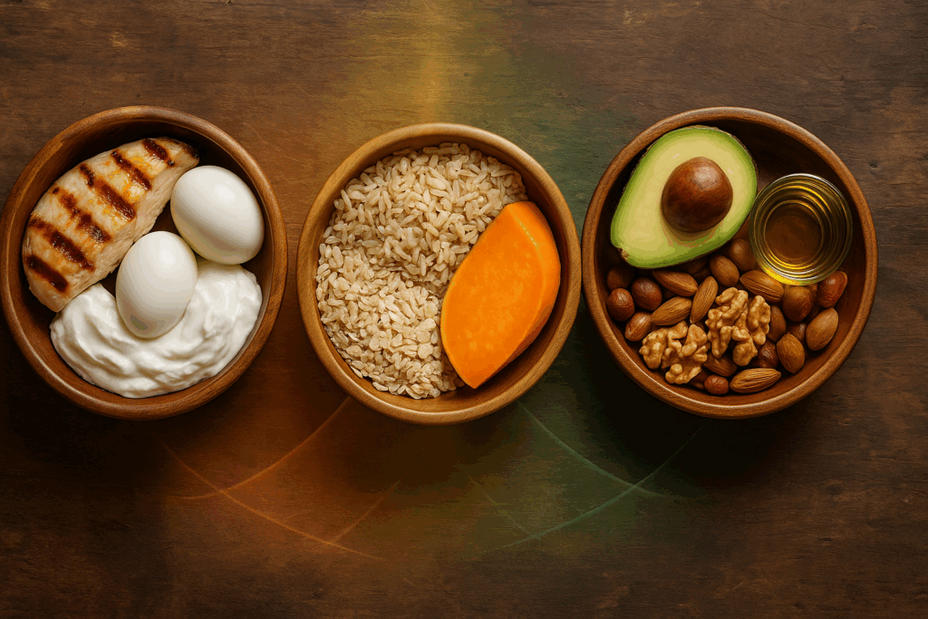 Three wooden bowls filled with grilled chicken, eggs, yogurt, brown rice, sweet potato, avocado, and nuts arranged to illustrate a 2000 calorie meal plan high protein.