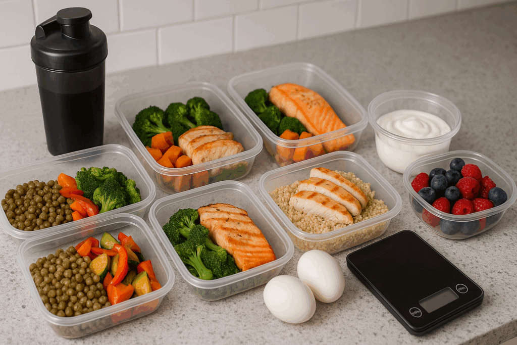 Meal prep containers with grilled chicken, salmon, lentils, veggies, yogurt, and eggs for a 2000 calorie meal plan high protein.