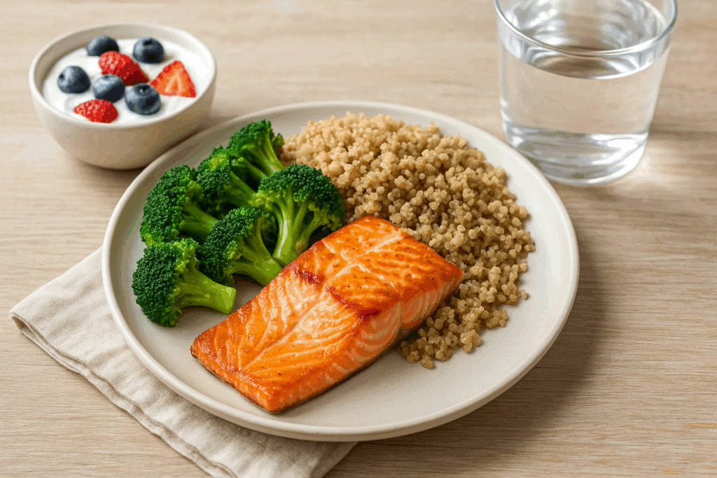 Wild-caught salmon with quinoa, steamed broccoli, Greek yogurt topped with berries, and water as part of a 2000 calorie meal plan high protein diet.
