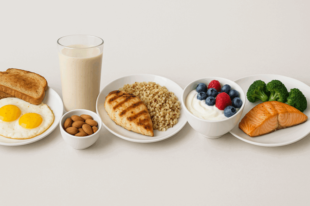 2000 calorie meal plan high protein with eggs and toast, protein shake and almonds, grilled chicken with quinoa, yogurt with berries, and salmon with broccoli.
