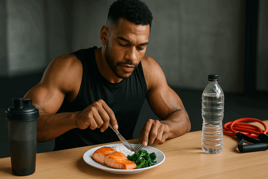 Athlete eating salmon, rice, and greens post-workout as part of a 2000 calorie meal plan high protein recovery diet.