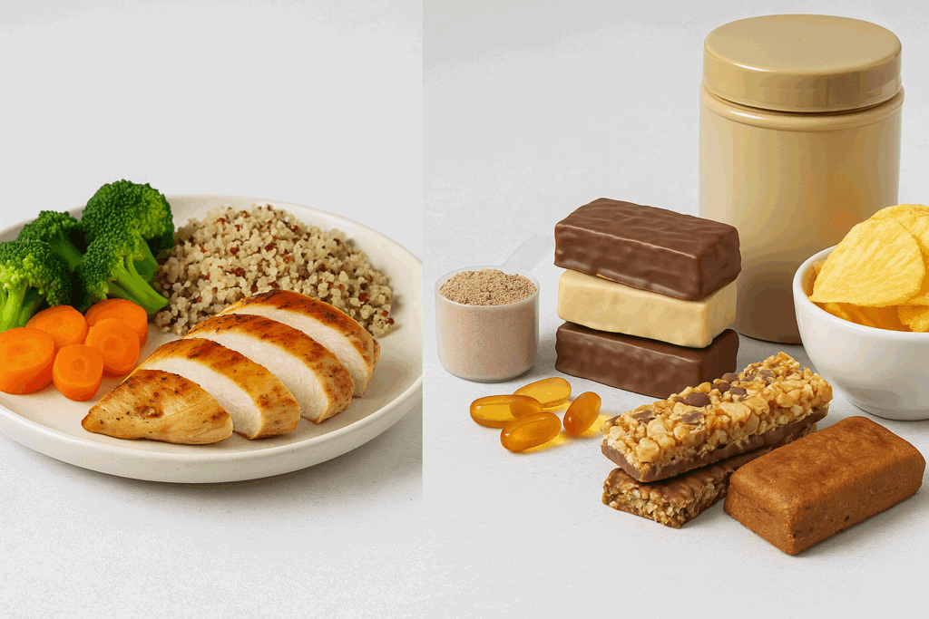 Contrast between whole foods and processed snacks illustrating mistakes in a 2000 calorie meal plan high protein die.