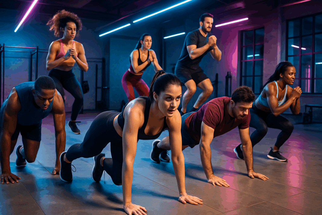 hiit moves list (1) Diverse men and women performing hiit moves list in a vibrant gym, showcasing intense mountain climbers, burpees, and jump squats.