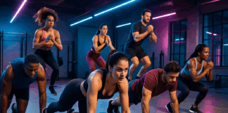 The Ultimate Guide to Effective HIIT Moves List for Boosting Endurance & Cardio Diverse men and women performing hiit moves list in a vibrant gym, showcasing intense mountain climbers, burpees, and jump squats.