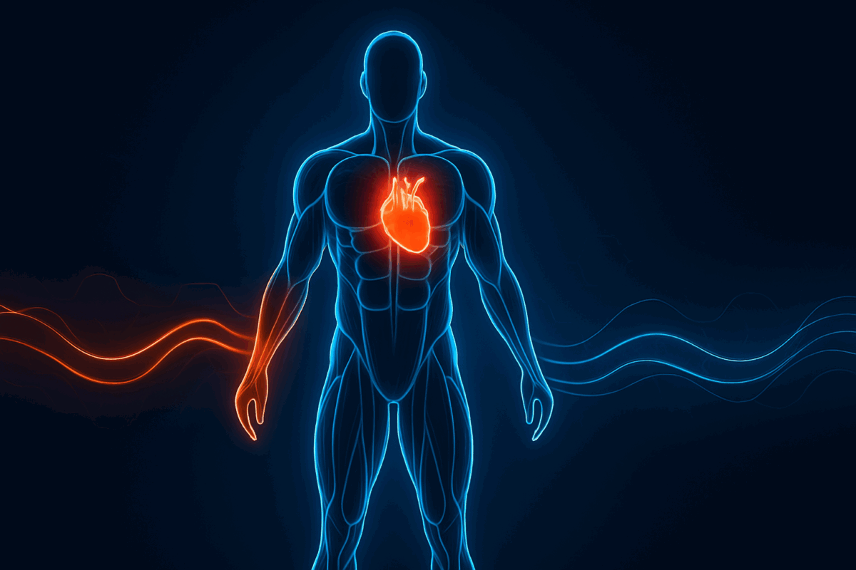 “hiit moves list illustration with human silhouette showing muscles and heart activity during exercise”