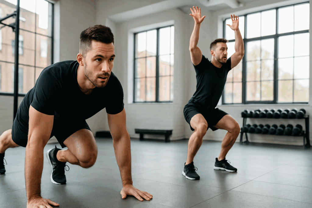 Fitness coach demonstrating hiit moves list in a bright gym, performing mountain climbers and jump squats.