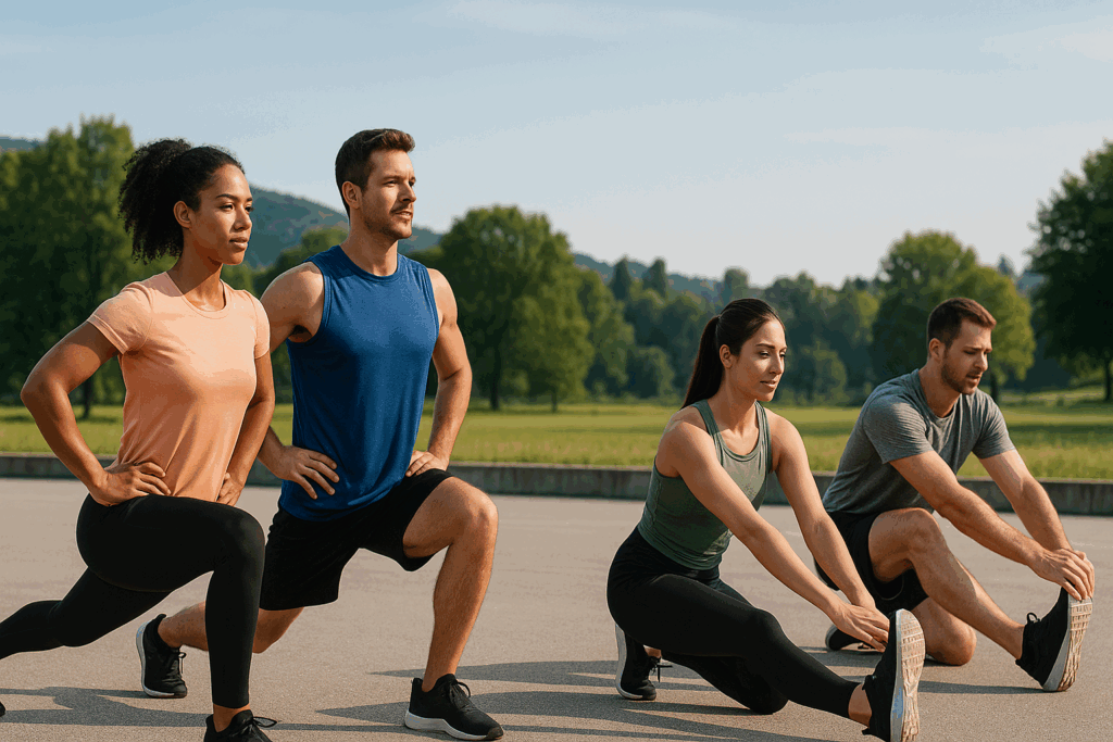 “Athletes performing hiit moves list with dynamic lunges and static stretches outdoors in a warm-up and cool-down sequence”