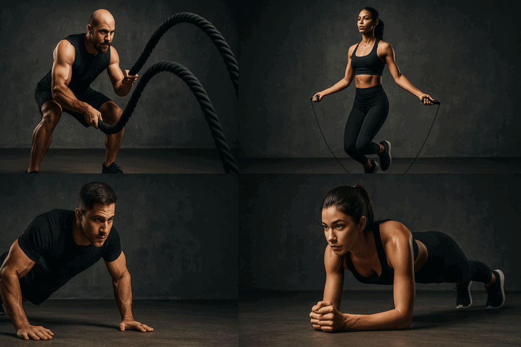 "Intense hiit moves list with battle ropes, jump rope, push-ups, and plank exercises performed by fit athletes"